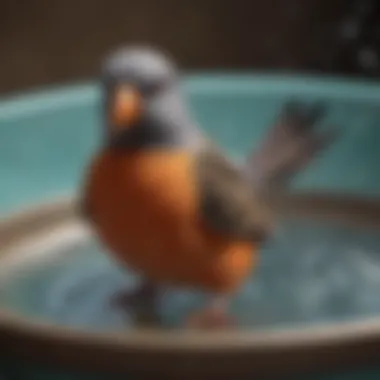 Pet Bird Enjoying a Refreshing Bath A pet bird happily bathing in a shallow dish filled with clean water, highlighting the joy of avian hygiene.