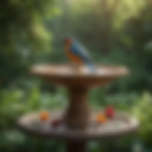 A vibrant bird bath in a garden surrounded by greenery, inviting pet birds to enjoy a refreshing soak.