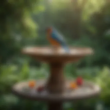Vibrant Bird Bath in a Lush Environment A vibrant bird bath in a garden surrounded by greenery, inviting pet birds to enjoy a refreshing soak.
