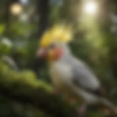 A serene Cockatiel in a lush environment, reflecting its playful nature.