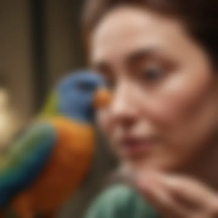 A close-up of a pet bird being cared for by an owner, showcasing the bond between them.