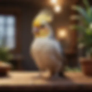 An artistic representation of a cockatiel in a charming environment