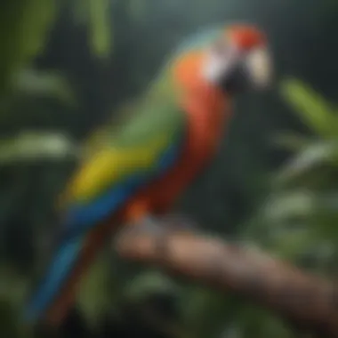 A detailed cartoon of a parrot perched on a tropical branch