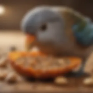 A close-up of a pet bird enjoying shell-free seeds