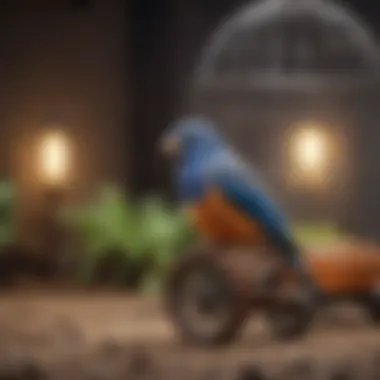 A pet bird exploring its enriched habitat with wheels