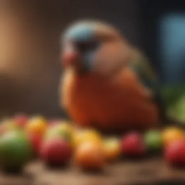 Nutritional Diversity for Pet Birds A colorful array of bird feed and fresh fruits