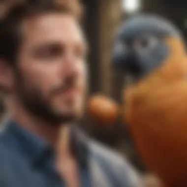 A pet bird interacting playfully with its owner