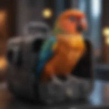 A pet bird sitting comfortably in a travel carrier