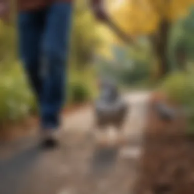 A bird owner training their pet to walk on a leash