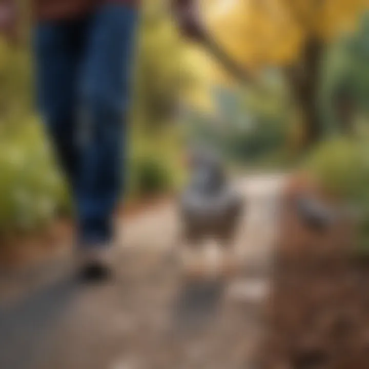 A bird owner training their pet to walk on a leash