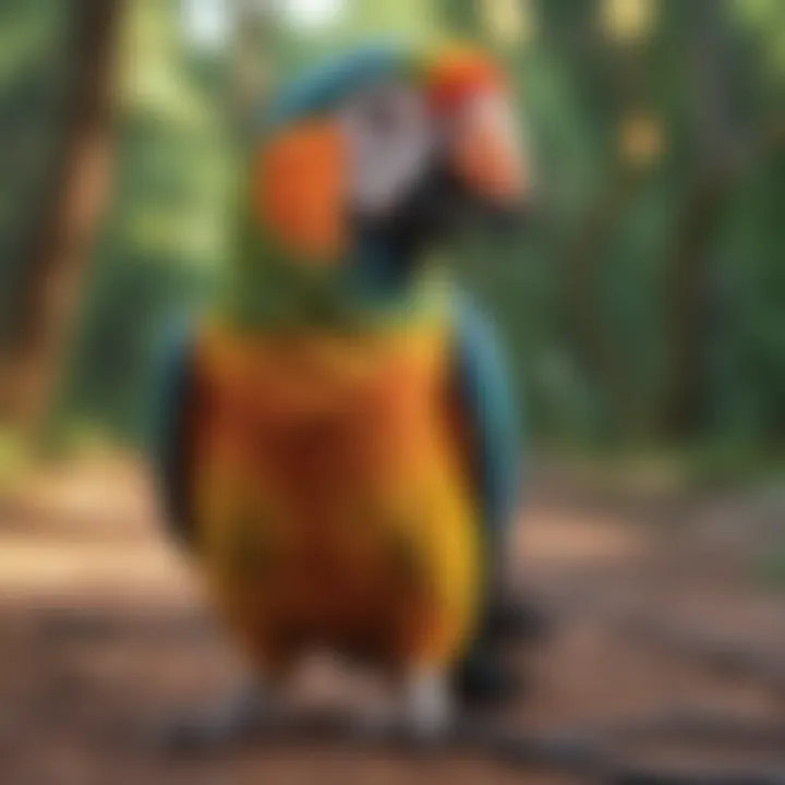 A colorful parrot exploring outdoors with a leash attached