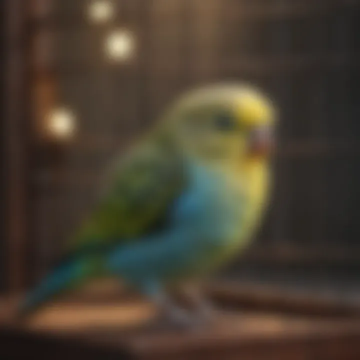 A serene budgerigar sitting in a cage, with a playful expression.