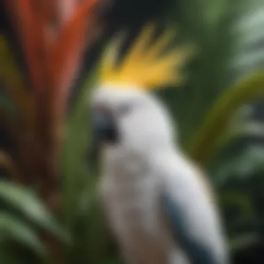 An exotic cockatoo showing off its stunning crest in a tropical setting.