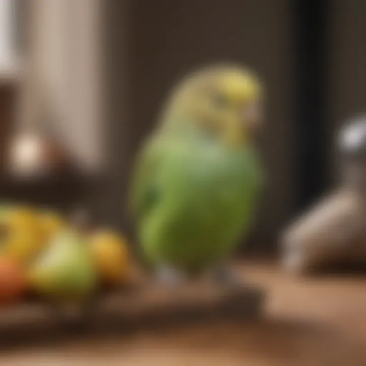 A playful budgerigar in a vibrant habitat