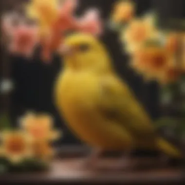 A serene canary in a cage adorned with flowers