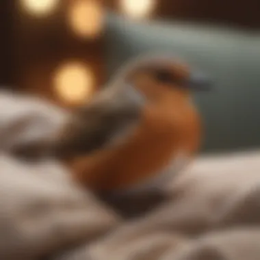 Bird resting comfortably on a cozy pillow