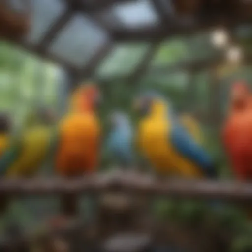 A colorful array of pet birds perched on branches in a vibrant aviary.