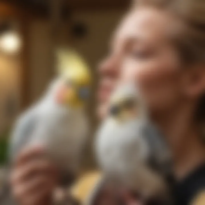 A pet owner interacting with a cheerful cockatiel on their shoulder.