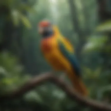 A vibrant pet bird perched on a branch in a lush environment