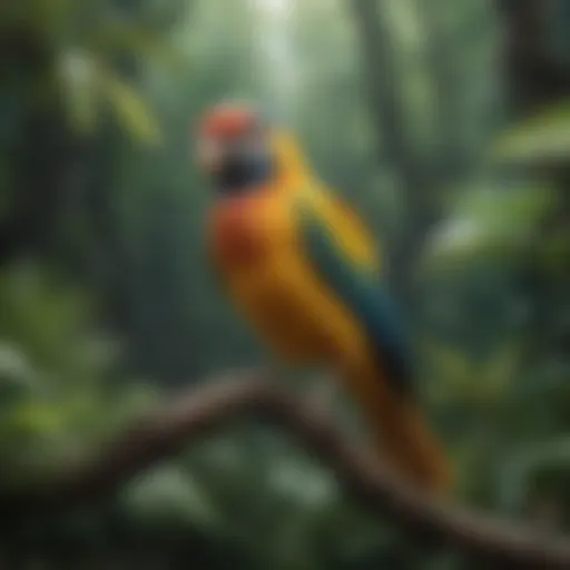 A vibrant pet bird perched on a branch in a lush environment