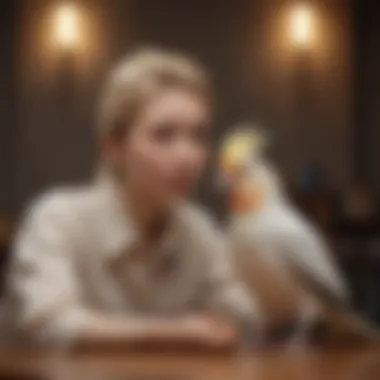 A serene scene of a bird enthusiast engaging with their cockatiel