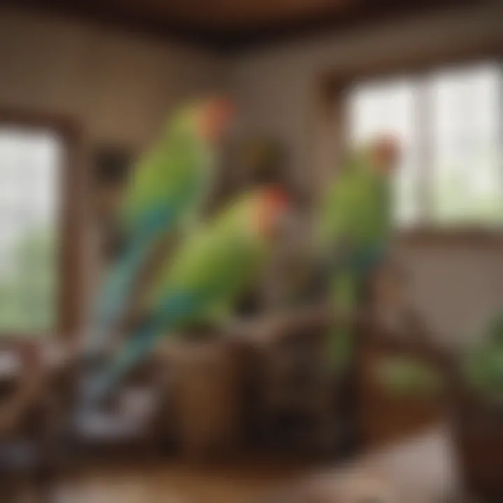 Vibrant parakeets perched on a branch in a cozy Japanese home