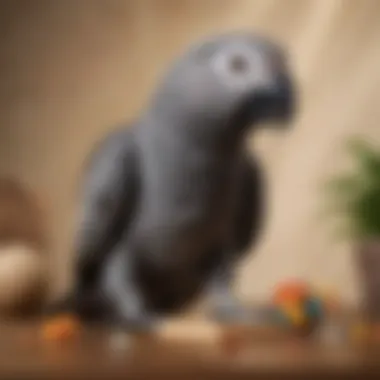 An African Grey parrot engaging with a puzzle toy, demonstrating intelligence.