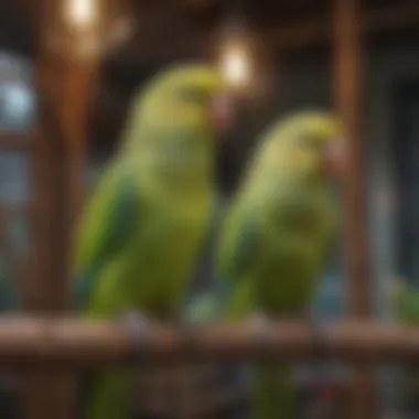 A cozy aviary filled with colorful parakeets enjoying their surroundings.