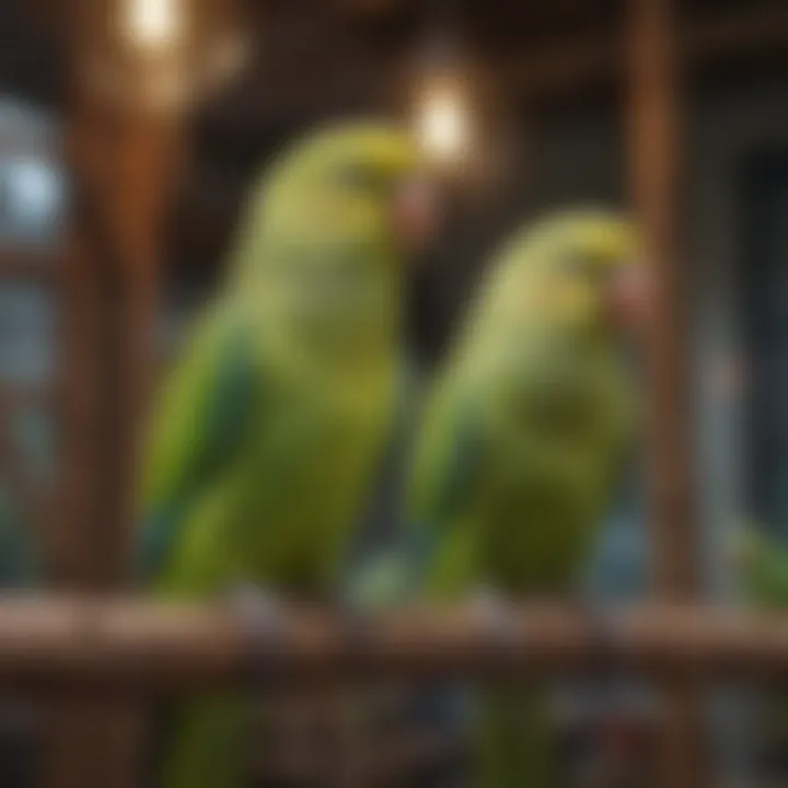 A cozy aviary filled with colorful parakeets enjoying their surroundings.