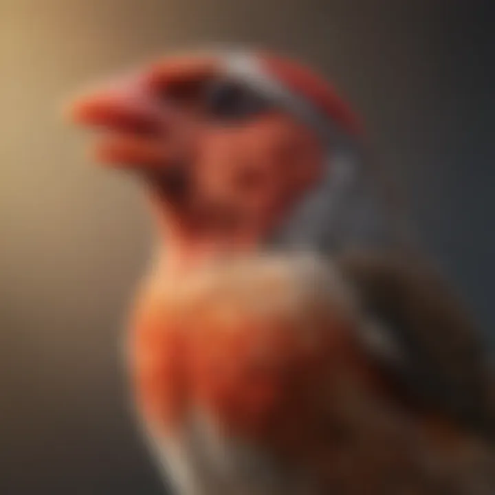 A close-up of a finch revealing its colorful red beak