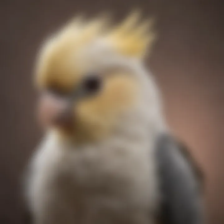 A calm cockatiel sitting gently on a shoulder, symbolizing companionship.