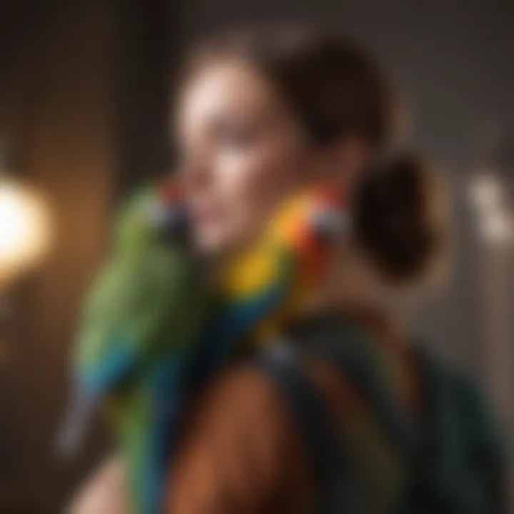 Colorful parrot perched on a shoulder, showcasing trust and companionship.