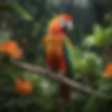 A vibrant parrot perched on a colorful branch surrounded by lush greenery.