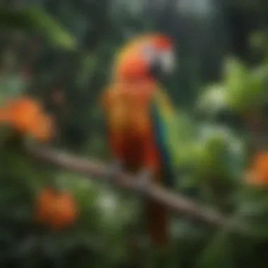 Vibrant Parrot in a Natural Setting A vibrant parrot perched on a colorful branch surrounded by lush greenery.