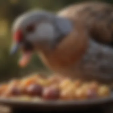 A close-up view of game bird feeding showcasing its nutritional diet