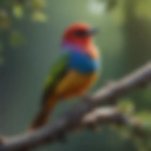 A vibrant minor bird perched on a branch, showcasing its colorful feathers.