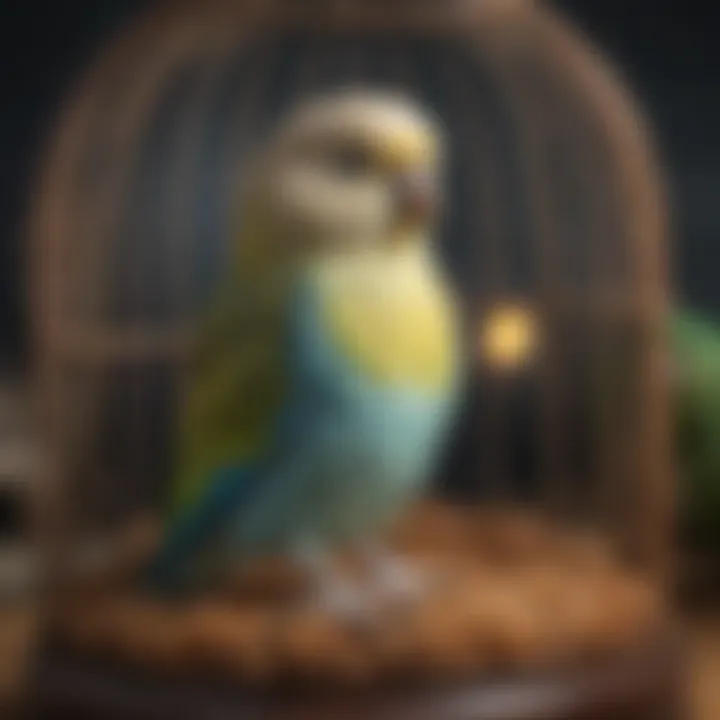 Budgerigar in a vibrant cage setting