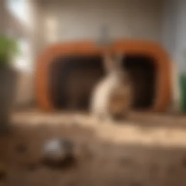 A rabbit exploring its litter box