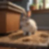 A playful bunny examining a litter box filled with hay