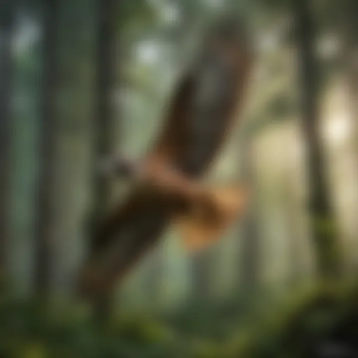 A majestic hawk soaring over a lush green forest