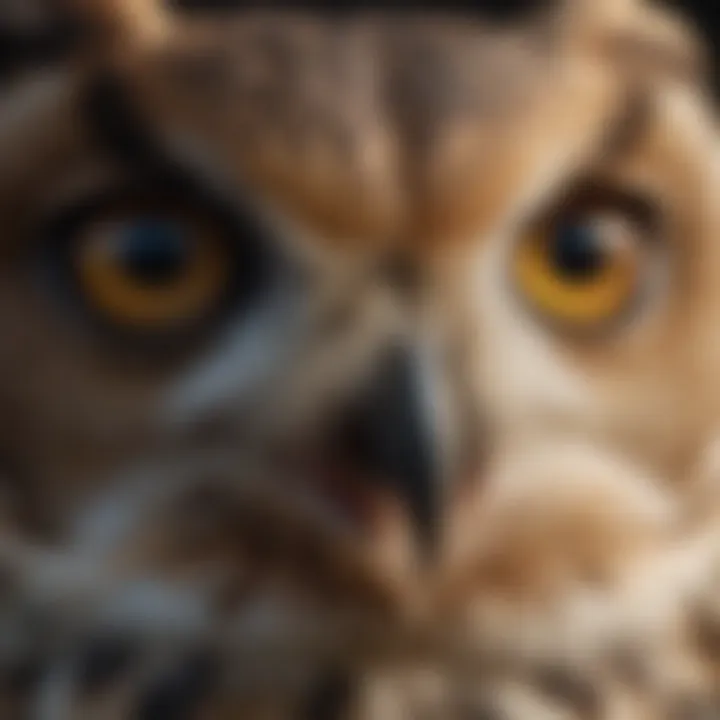 A close-up of an owl's keen eyes, showcasing its hunting prowess