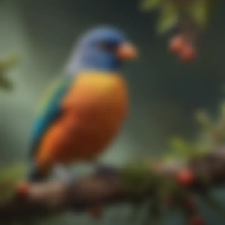 A colorful pet bird perched on a branch, resembling its wild ancestors