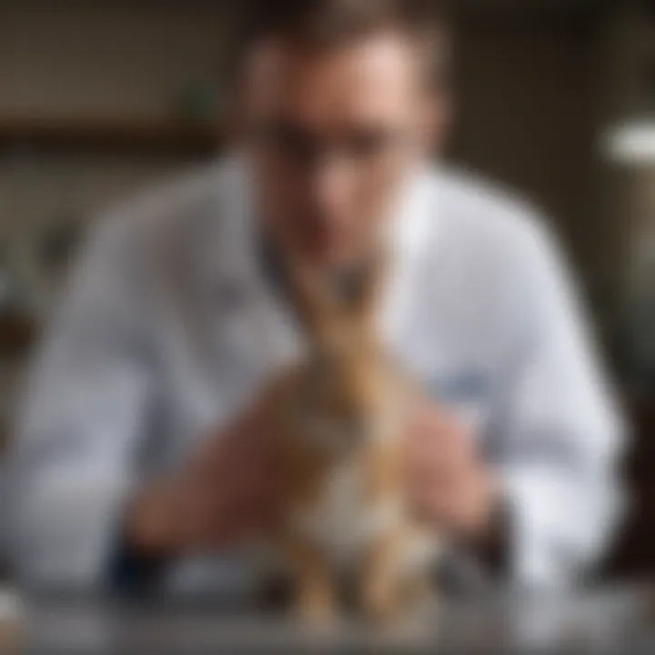 A veterinarian examining a rabbit