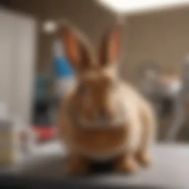 Close-up of a rabbit receiving a health check at a veterinary clinic.