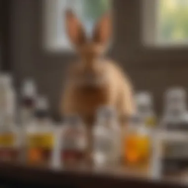 Different types of vaccines available for rabbits displayed on a table.