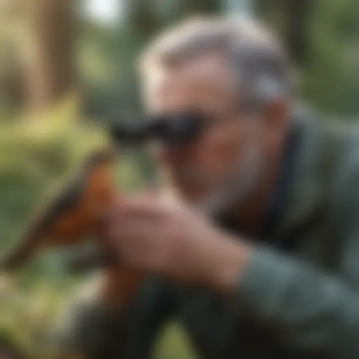 A birdwatcher observing birds with binoculars.