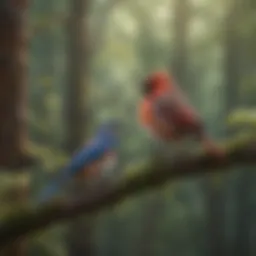 A vibrant forest scene with various birds perched on branches.