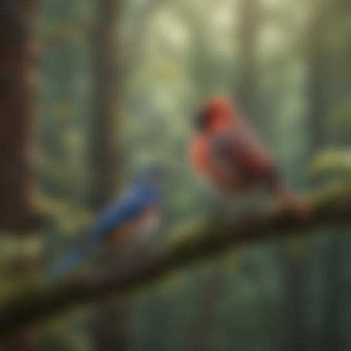 A vibrant forest scene with various birds perched on branches.