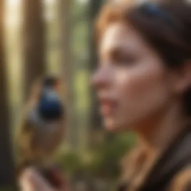 A person listening intently to nature while recording bird sounds