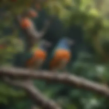 The Tranquility of Nature and Avian Companionship A serene garden scene with a colorful bird perched on a branch